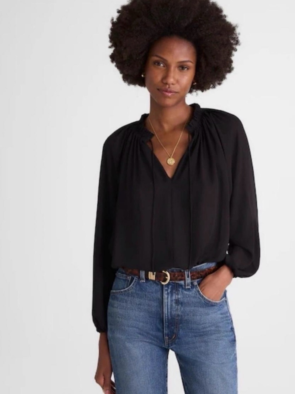 Madewell Black V-Neck Gathered Long-Sleeve Blouse